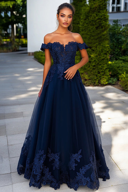 A Line Long Navy Tulle Prom Dress with Appliques