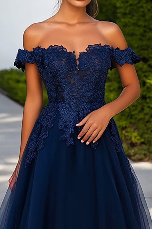 A Line Long Navy Tulle Prom Dress with Appliques
