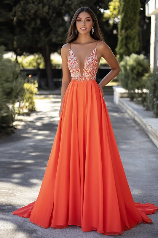 A Line Long Orange V-Neck Appliqued Prom Dress