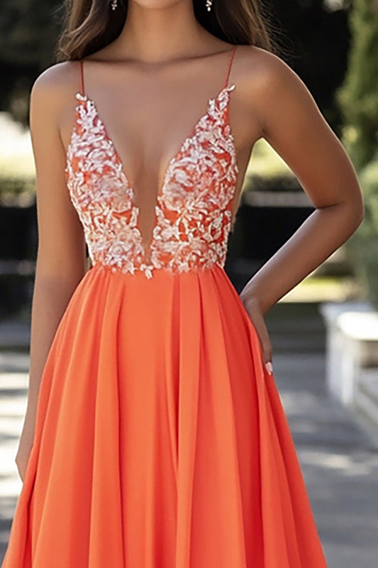 A Line Long Orange V-Neck Appliqued Prom Dress