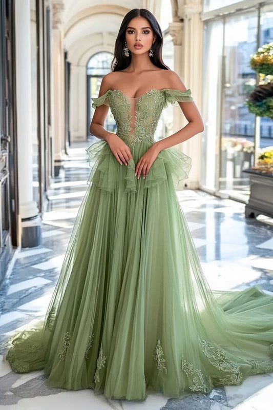 A Line V-Neck Dusty Sage Tulle Long Prom Dress with Appliques