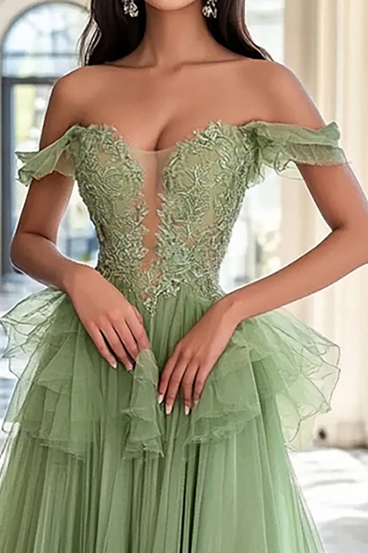 A Line V-Neck Dusty Sage Tulle Long Prom Dress with Appliques