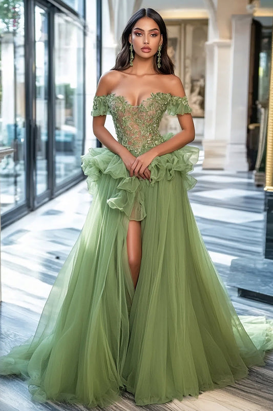 Dusty Sage Tulle Long Lace A Line Off the Shoulder Prom Dress with Appliques Sweep Train Formal Dress