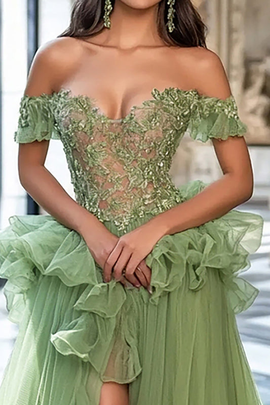 Off the Shoulder Long Dusty Sage Tulle Prom Dress with Appliques