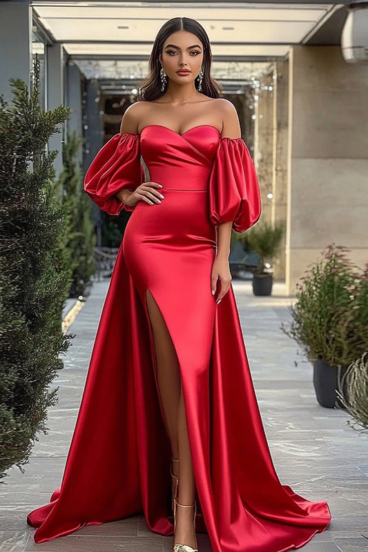 Long Satin Red Puff Sleeves Prom Dress with Slit