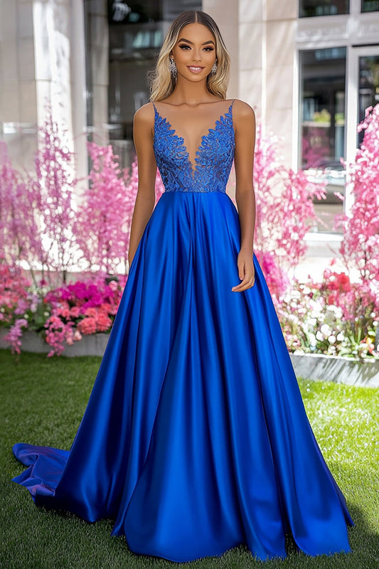 V-Neck Long Royal Blue A Line Prom Dress with Appliques