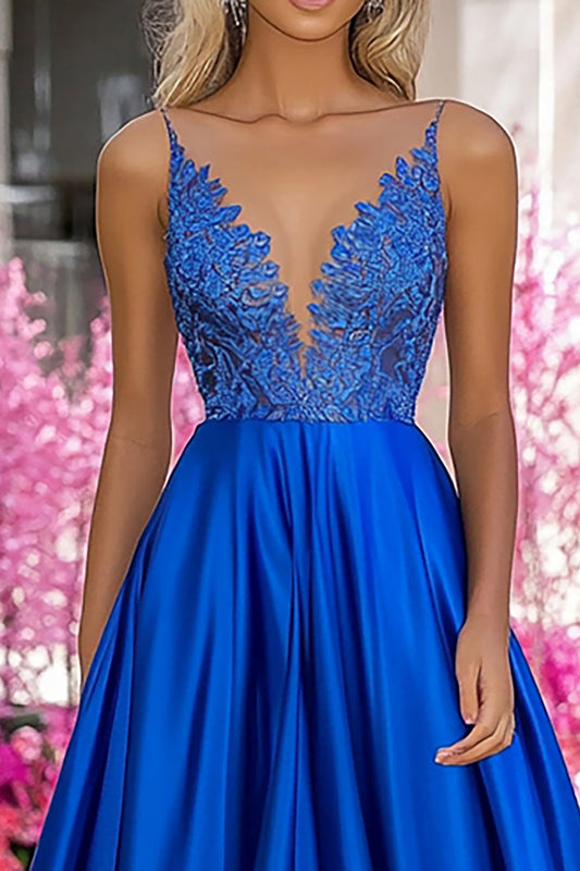 V-Neck Long Royal Blue A Line Prom Dress with Appliques