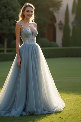 Spaghetti Straps Long Sparkly Grey Blue Tulle Prom Dress with Beading