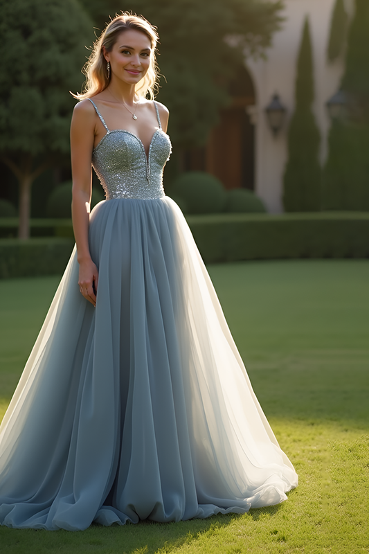 Spaghetti Straps Long Sparkly Grey Blue Tulle Prom Dress with Beading