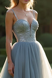 Spaghetti Straps Long Sparkly Grey Blue Tulle Prom Dress with Beading Spaghetti Straps Long Sparkly Grey Blue Tulle Prom Dress with Beading