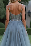 Spaghetti Straps Long Sparkly Grey Blue Tulle Prom Dress with Beading Spaghetti Straps Long Sparkly Grey Blue Tulle Prom Dress with Beading