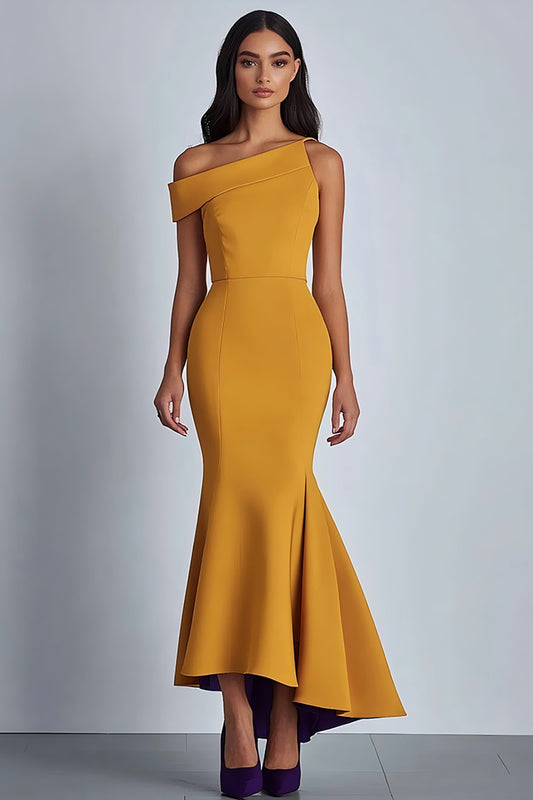 Yellow Satin One Shoulder Ankle-Length Formal Dress
