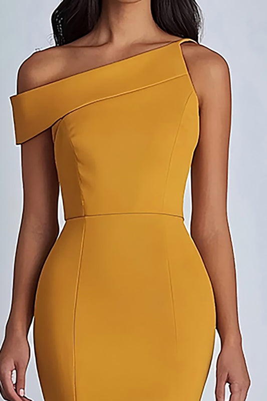 Yellow Satin One Shoulder Ankle-Length Formal Dress