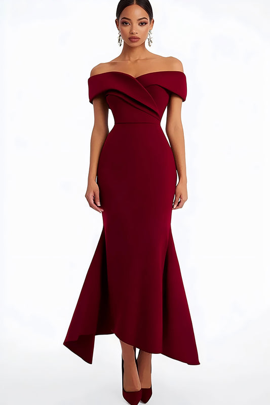 Off the Shoulder Burgundy Satin Ankle-Length Formal Dress