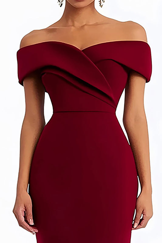 Off the Shoulder Burgundy Satin Ankle-Length Formal Dress