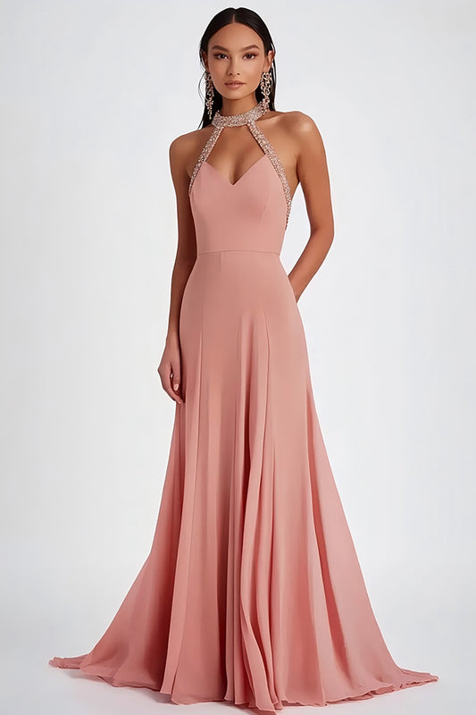 Halter Pink Ruched Long Formal Dress with Beading