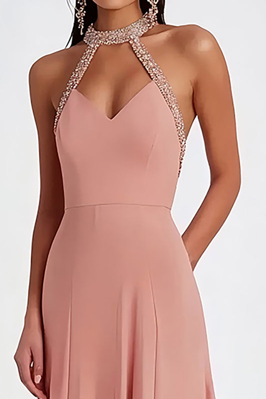 Halter Pink Ruched Long Formal Dress with Beading