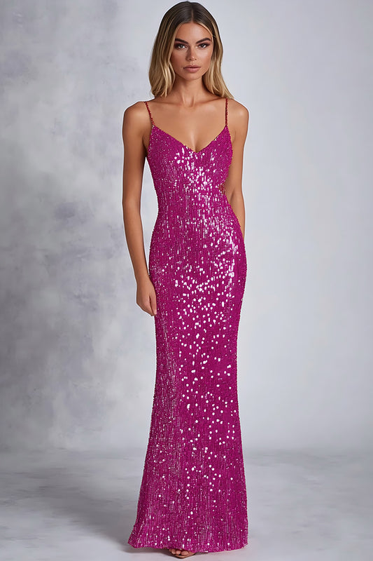 Sparkly Fuchsia Sheath Sequins Long Formal Dress