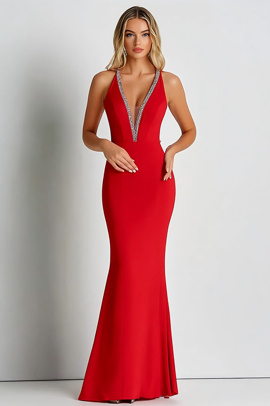 Red Deep V-Neck Sheath Long Formal Dress with Beading