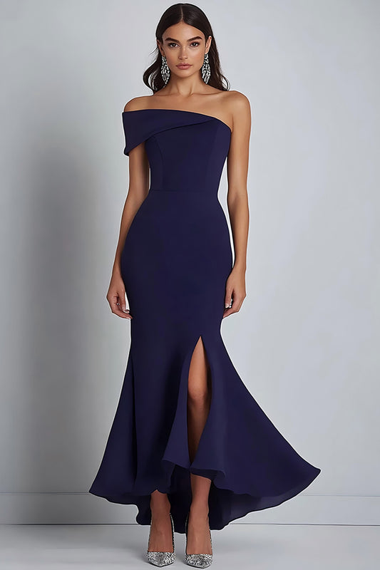 Satin Navy Sheath Off the Shoulder Long Formal Dress with Slit
