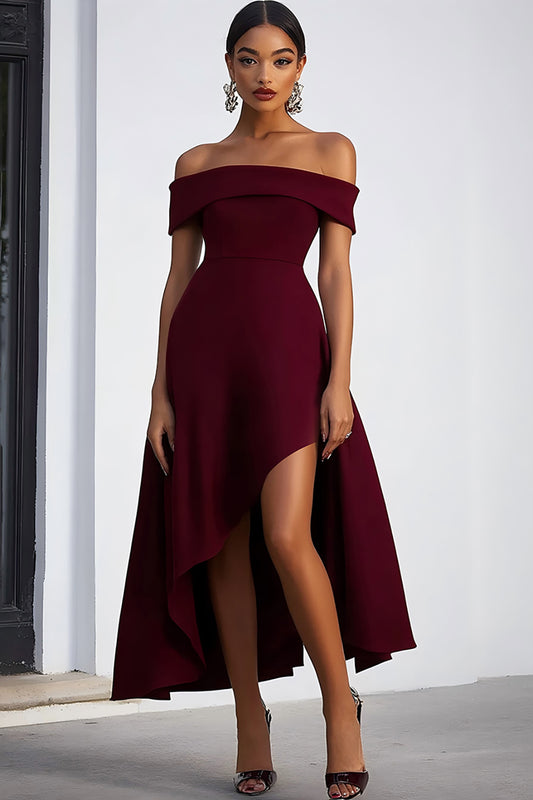 A Line Off the Shoulder Burgundy High-Low Formal Dress