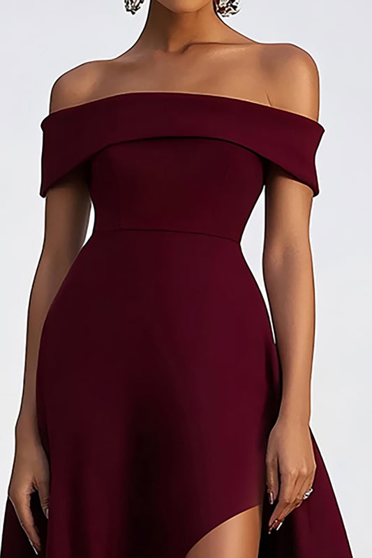 A Line Off the Shoulder Burgundy High-Low Formal Dress