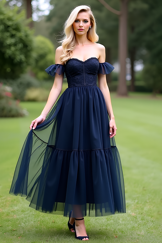A Line Tulle Navy Sweetheart Ankle-Length Formal Dress