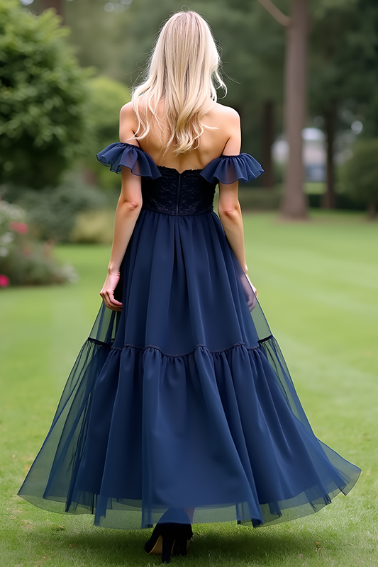 A Line Tulle Navy Sweetheart Ankle-Length Formal Dress