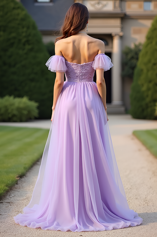 Lace Lilac Off the Shoulder Long Formal Dress with Ruffles