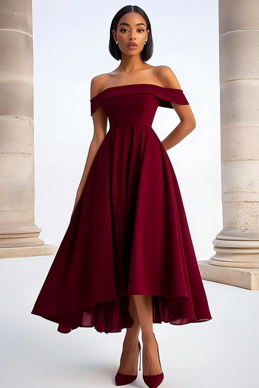A Line Burgundy Ruched Tea-Length Formal Dress