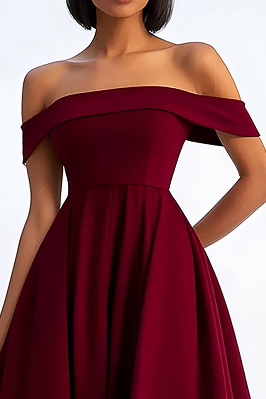 A Line Burgundy Ruched Tea-Length Formal Dress