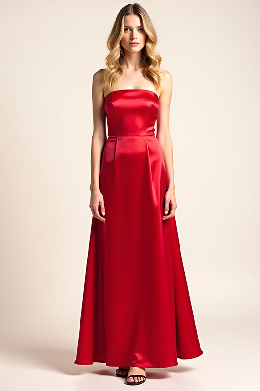 Square Neck Red Satin Backless Long Formal Dress