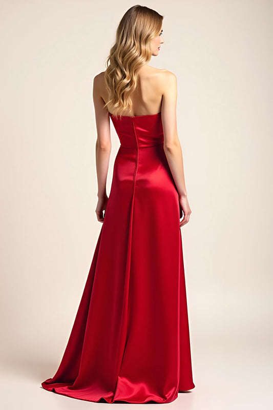 Square Neck Red Satin Backless Long Formal Dress