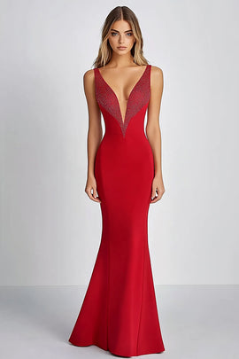 Sheath Deep V-Neck Red Long Formal Dress with Beading