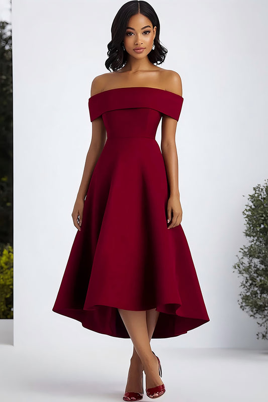 A Line Burgundy Off the Shoulder Formal Dress
