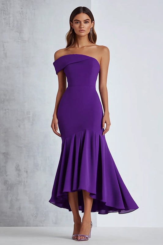 Satin Plum Off the Shoulder Knee-Length Formal Dress