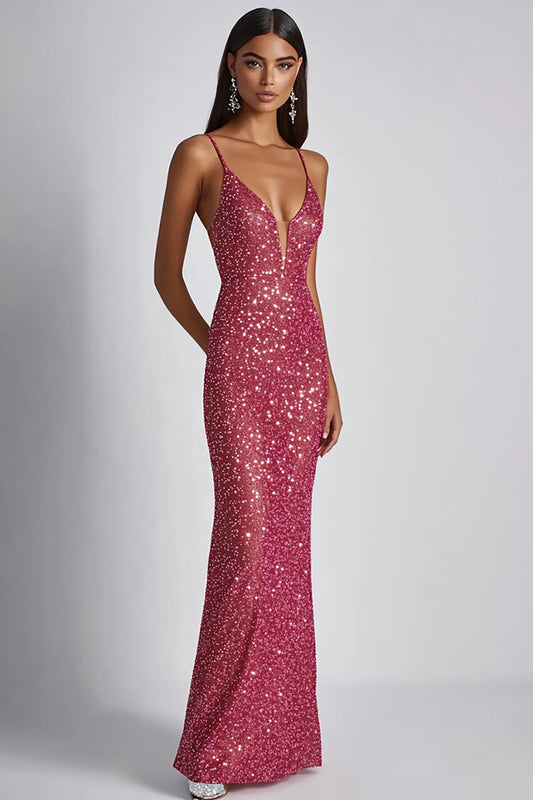 Sparkly Fuchsia Sheath Spaghetti Straps Long Formal Dress