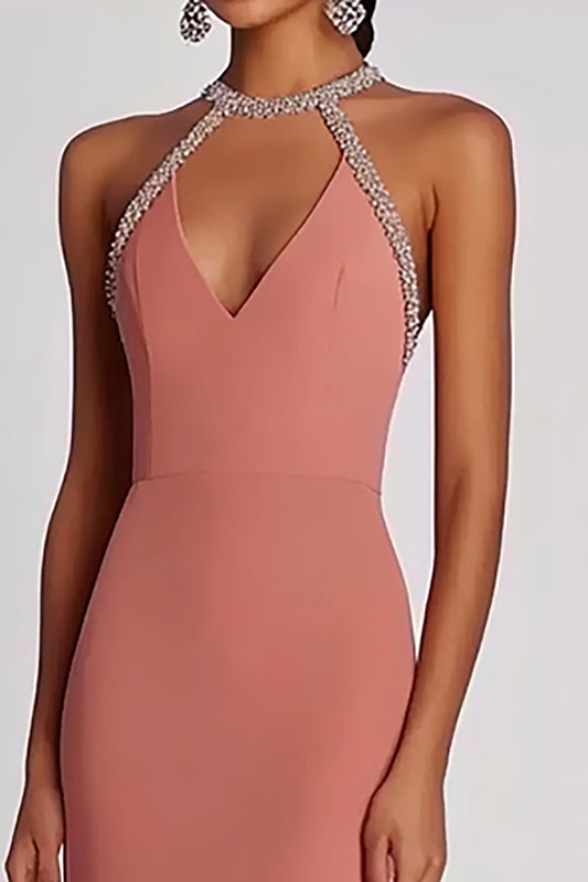 Pink Halter Neck Sheath Long Formal Dress with Beading