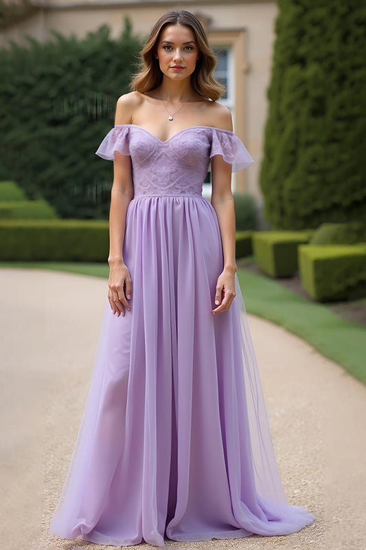 Ruched A Line Tulle Lilac Long Formal Dress