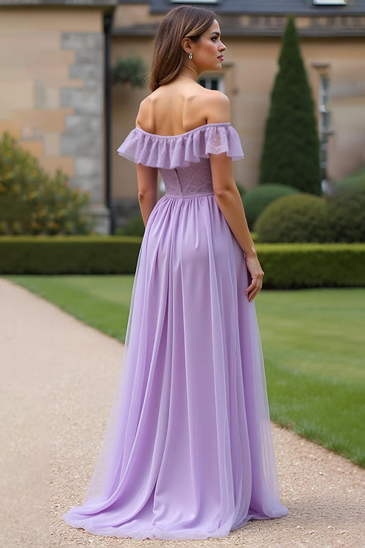 Ruched A Line Tulle Lilac Long Formal Dress