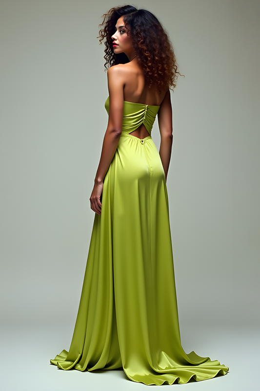 Ruched Square Neck Lemon Green Long Formal Dress with Slit