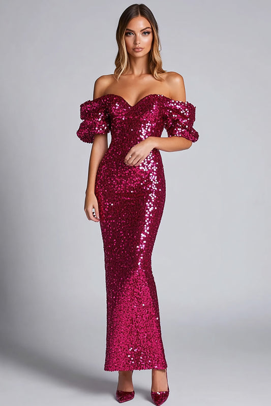 Fuchsia Strapless Sparkly Sheath Long Formal Dress