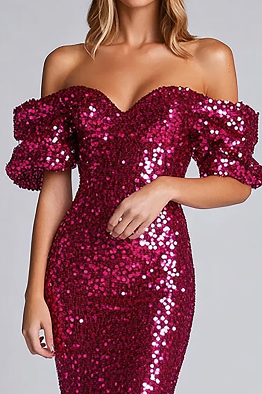 Fuchsia Strapless Sparkly Sheath Long Formal Dress