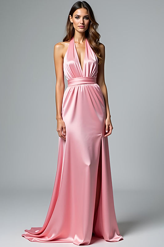 Backless Pink Halter Satin Long Formal Dress with Slit