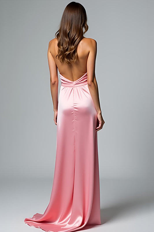 Backless Pink Halter Satin Long Formal Dress with Slit