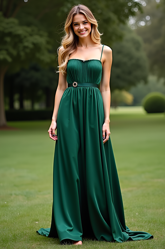 Spaghetti Straps Square Neck Dark Green Long Formal Dress