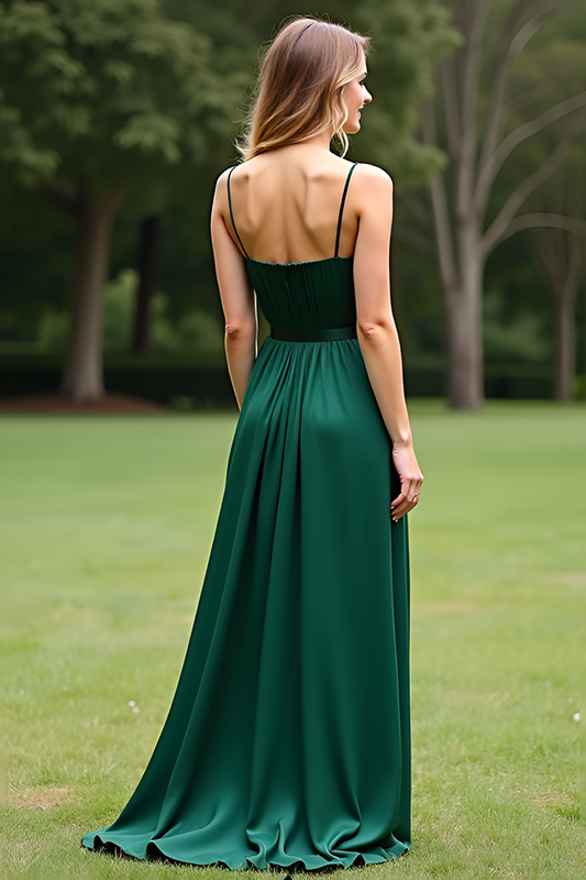Spaghetti Straps Square Neck Dark Green Long Formal Dress