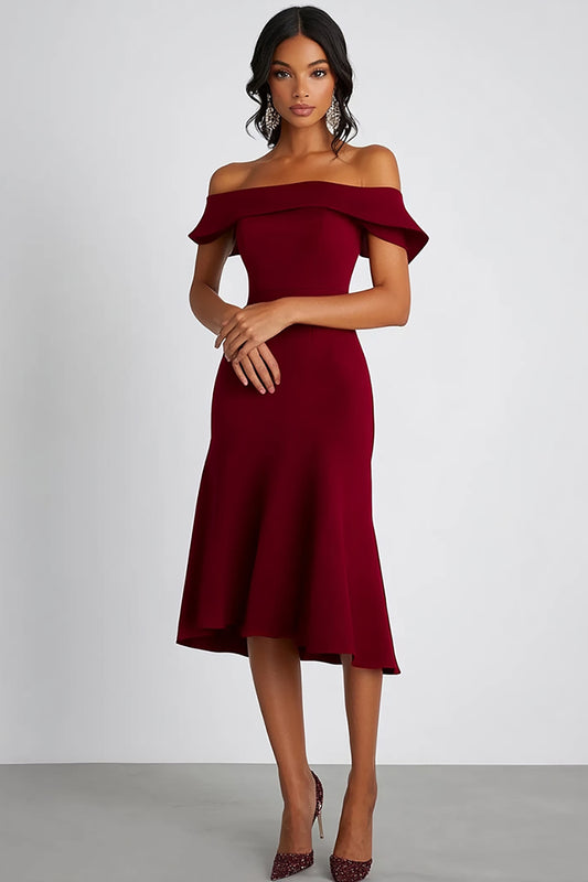 Satin Burgundy Off the Shoulder Knee-Length Formal Dress