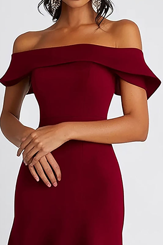 Satin Burgundy Off the Shoulder Knee-Length Formal Dress