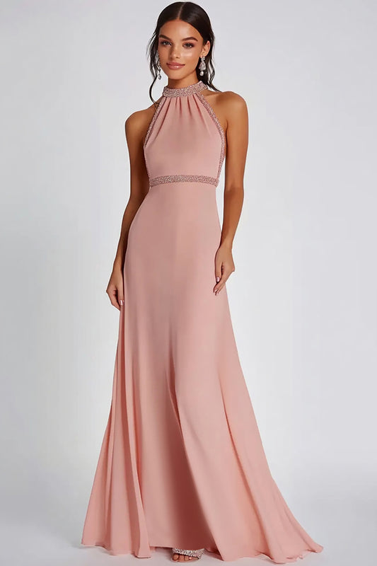 Halter Neck Pink Beaded Long Formal Dress